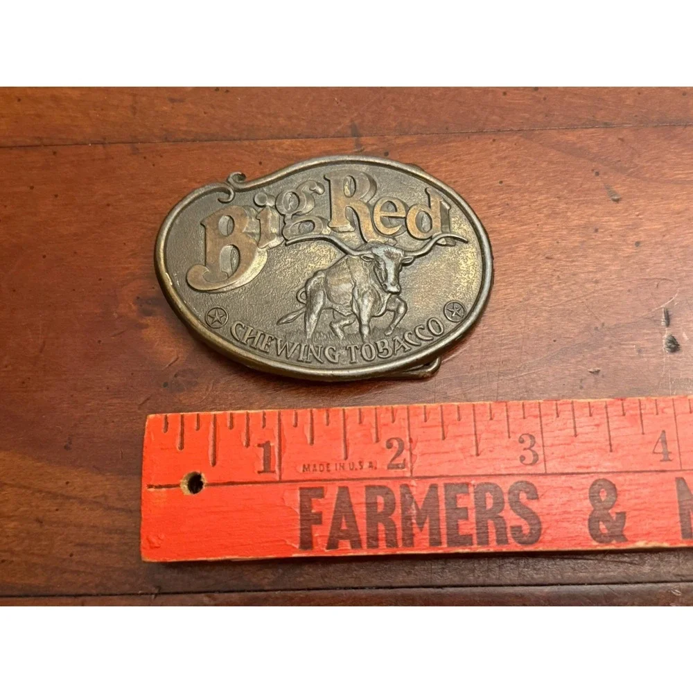 Vintage Big Red Chewing Tobacco Belt Buckle - Brass Longhorn Steer Bull Western